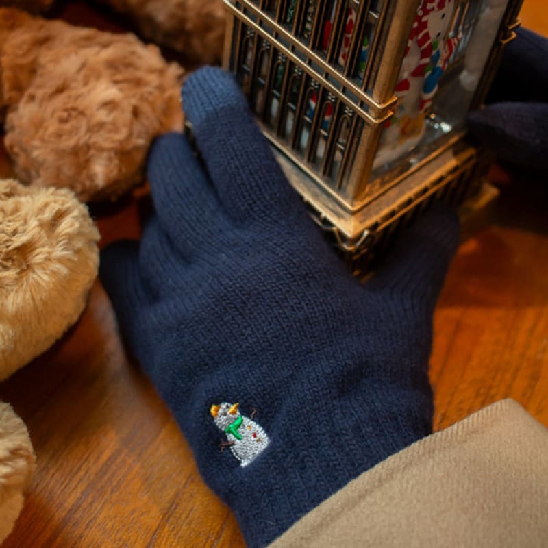 SNOOZY Snowman Embroidered Wool Knit Gloves Navy