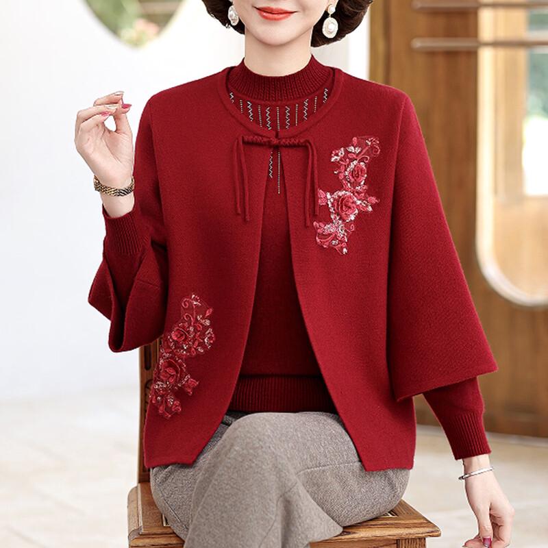 Women's Neo-Chinese Style Two-Piece Knit Embroidered Set for Mature Women