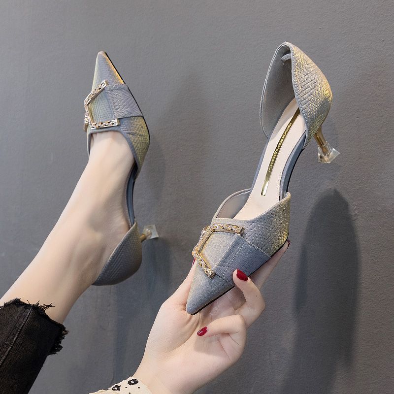 Rhinestone Square Buckle Fashion Hollow Pointed Head with Skirt Stiletto Single Shoes 2024 Summer and Autumn New French High Heels Women
