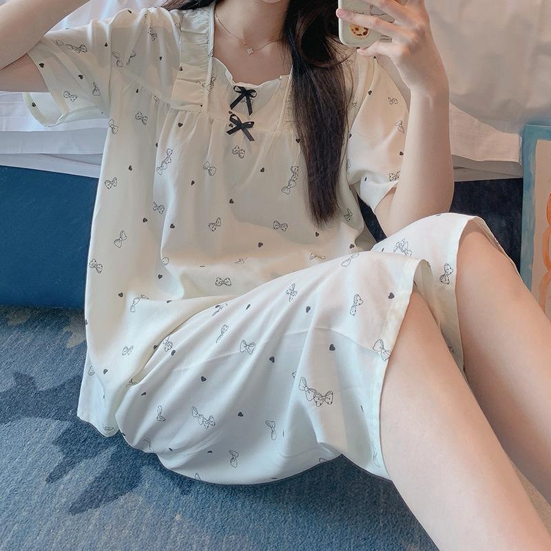 Summer New Printed Cotton Pajamas for Women, Sweet and Cute Short-sleeve Casual Girls' Loungewear, Suitable for Outerwear In Spring and Autumn