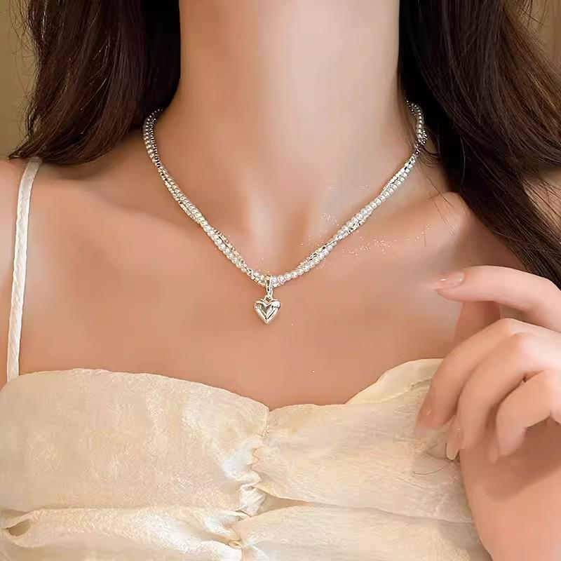 S925 Sterling Silver Double Layer Pearl Heart Necklace - Women's Luxury Clavicle Chain