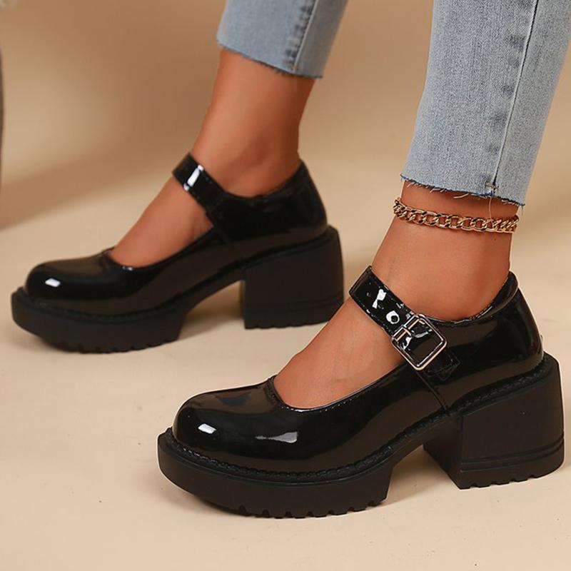 Fashion Elegant Adjustable Ankle Buckle Mary Jane Shoes Women Pu Leather Thick Heel Pumps Woman Round Toe Platform Casual Shoes Ladies