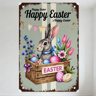 Vintage Rustic Easter Metal Sign with Gray Rabbit, Eggs & Flowers, Happy Easter Banner Decor for Home Garden Party Wall Art
