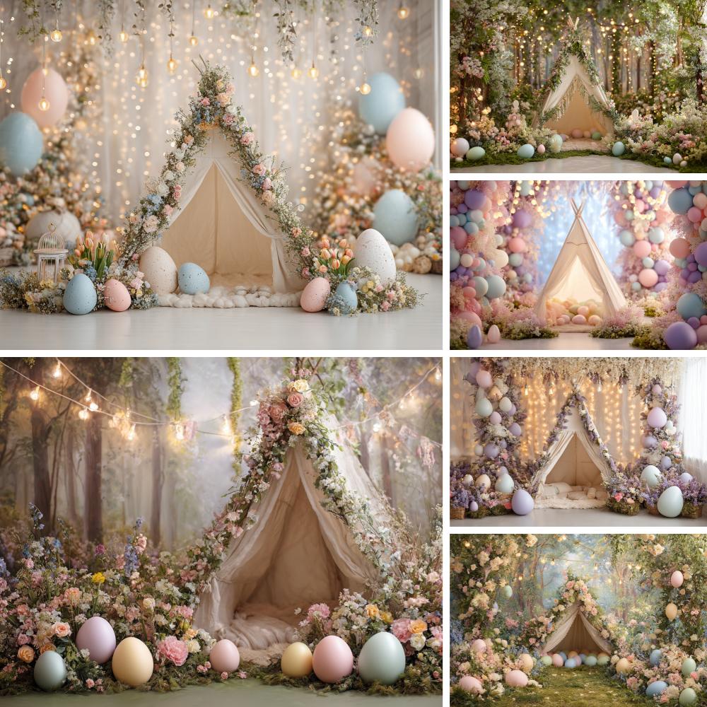 Spring Easter Photography Background Boho Tent Colorful Eggs Flower Baby Shower Birthday Party Decor Kid Portrait Photo Backdrop