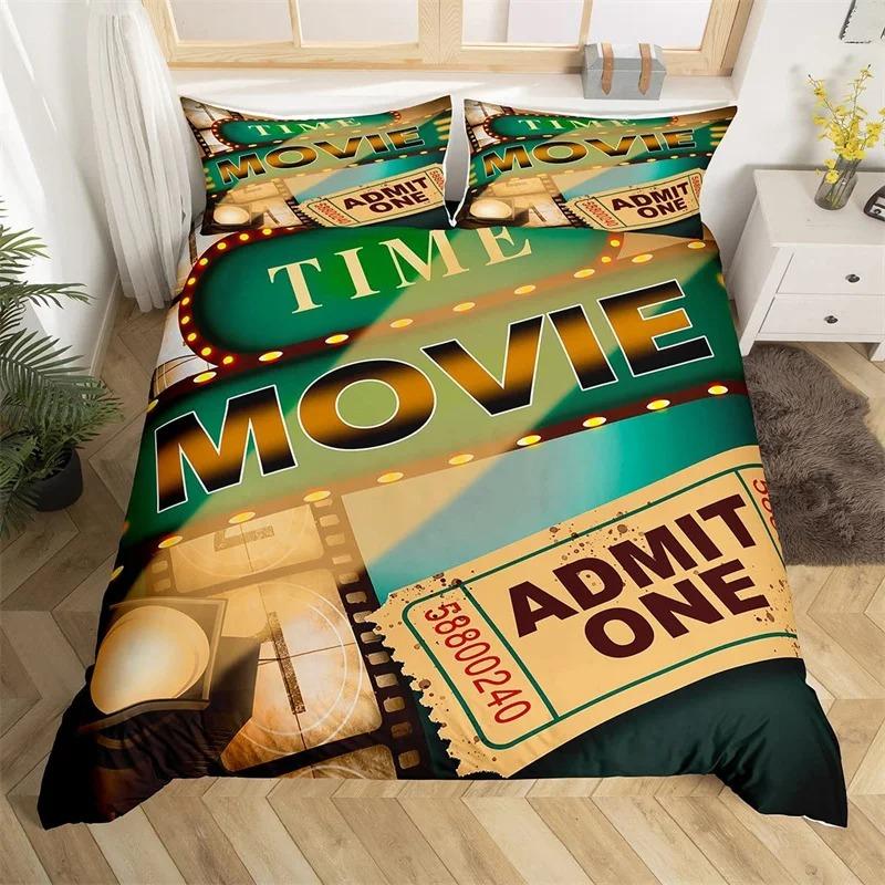 Biografaffisch påslakan set Enkel King Size Vintage Biograf Filmteater Sängkläder set Mikrofiber Popcorn Grön täckesöverdrag