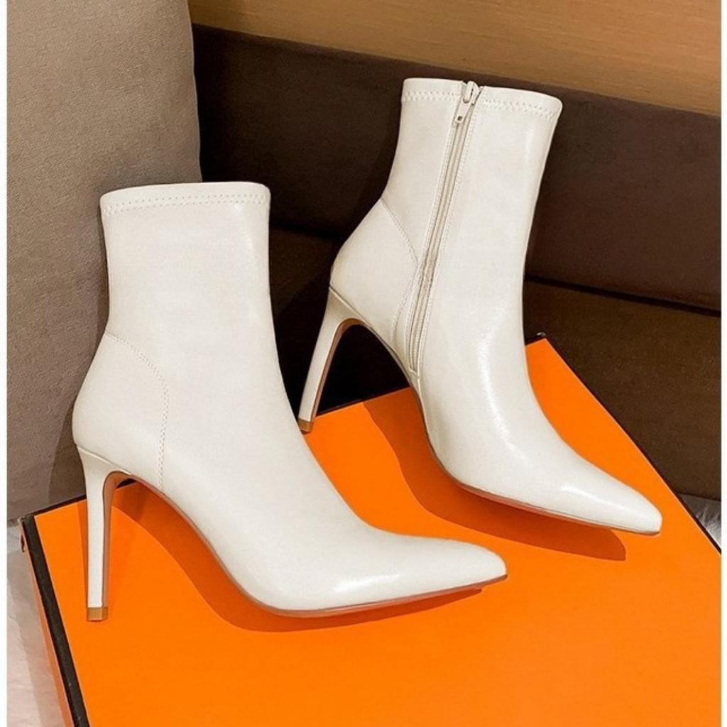 Boots women's new winter high-heeled elastic beige stiletto short boots women's