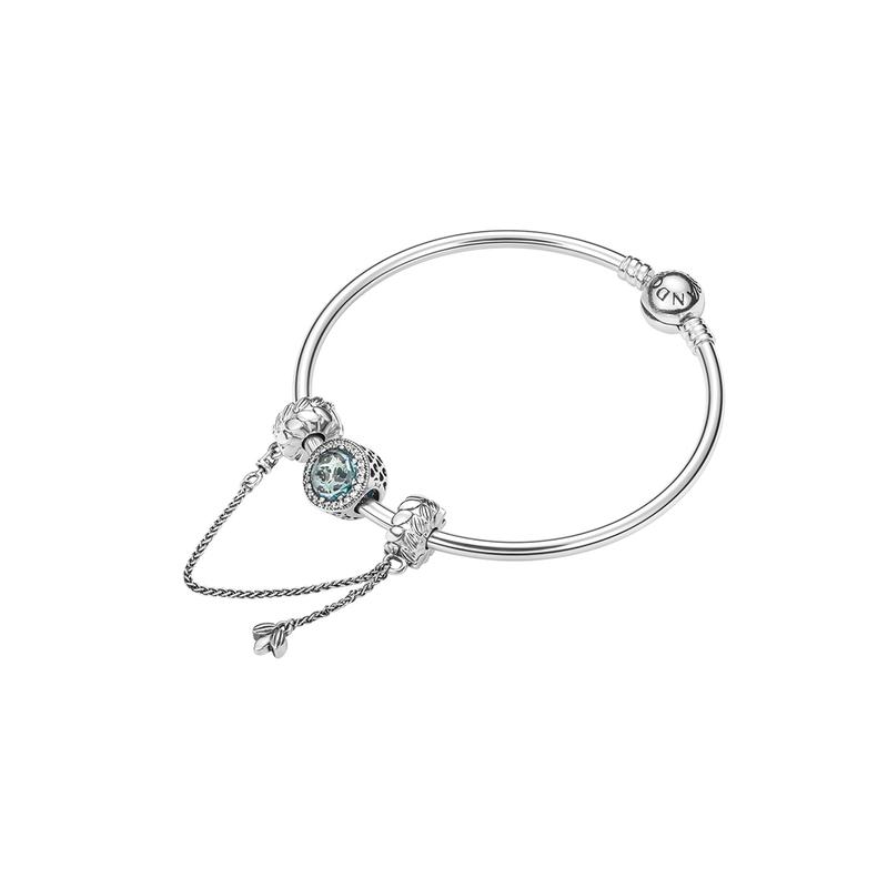 Pandora Glacier Blue Shining Heart SILVER Snake Chain Bracelet Women's Silver ZT-0345