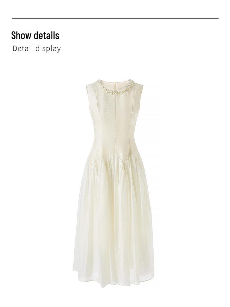 High-Quality Beaded Tencel Crepe Waist-Cinched French Aristocratic Style Tea Party Dress for Women