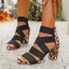 Leopard Sandals Fashion Round Toe Open Toe Open Toe Rear Zipper Non-Slip Wear-Resistant Block Heel Shoes