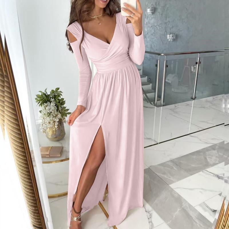 New Long Sleeved Off Shoulder V-neck Party Dress Spring Autumn Solid Color Hem Split A-line Loose Long Evening Dresses Casual Female Slim Fit Clothing