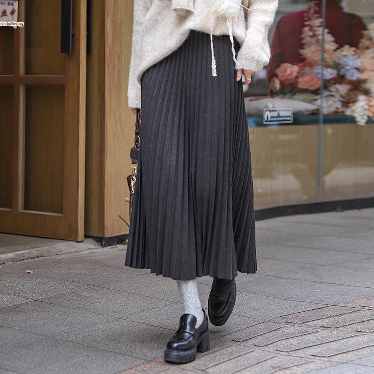 Winter 2024 Women's High-Waisted Wool Blend Pleated Midi Skirt – Slimming A-line Casual Style