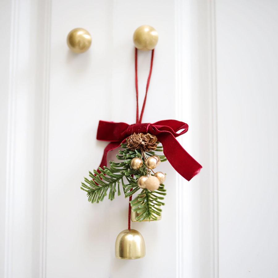 Christmas Bell Pendant with Velvet Bow and Pine Cone Tree Decoration