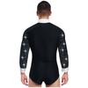 Mens Latin Rumba Ballroom Dance Leotard Long Sleeves Shiny Rhinestones Color Block Bodysuit with Bowtie