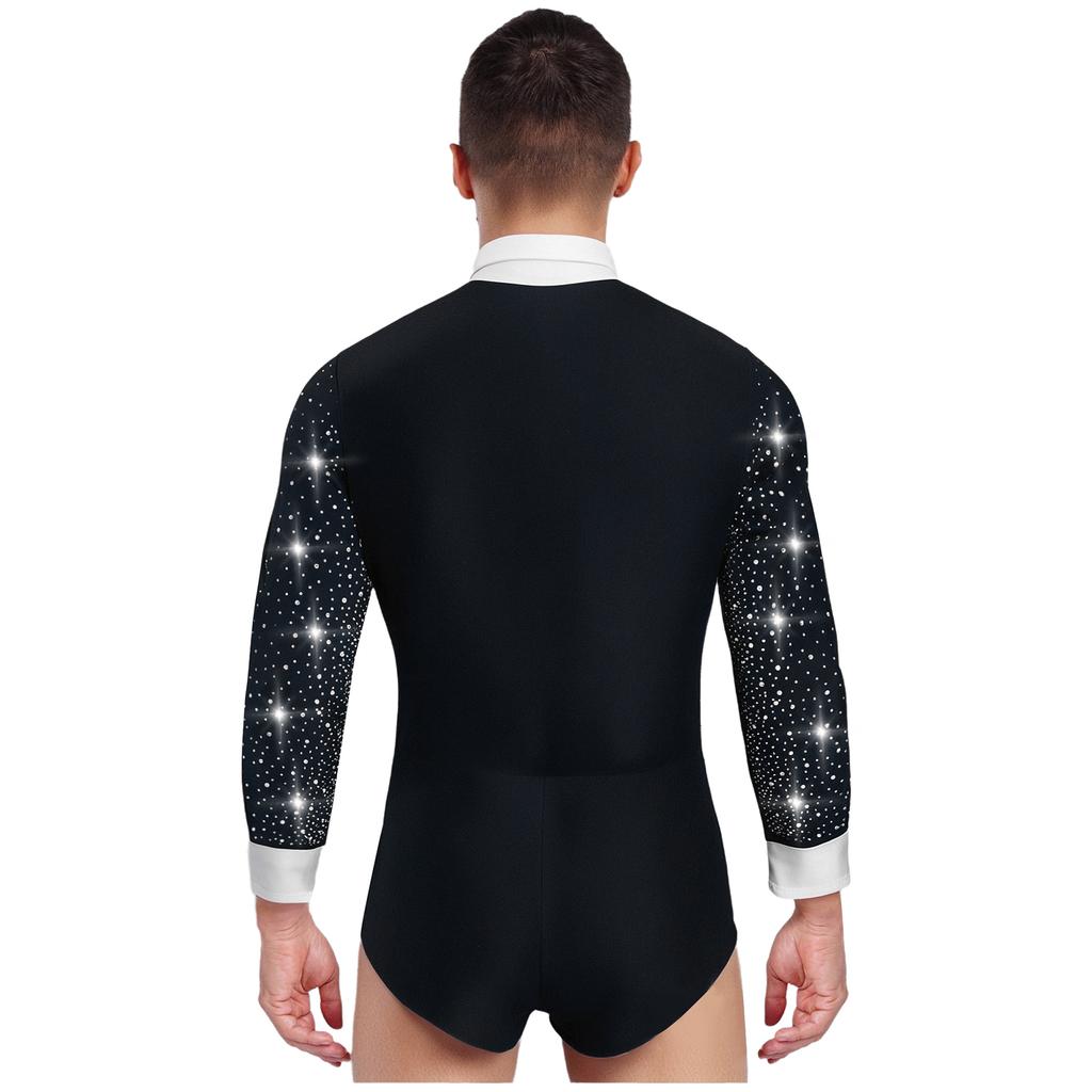 Mens Latin Rumba Ballroom Dance Leotard Long Sleeves Shiny Rhinestones Color Block Bodysuit with Bowtie