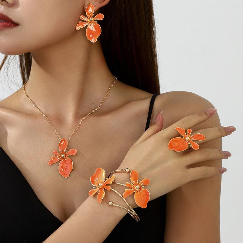 European & American Multilayer Leaf Drip Oil Jewelry Set: Necklace, Earrings, Bracelet & Ring