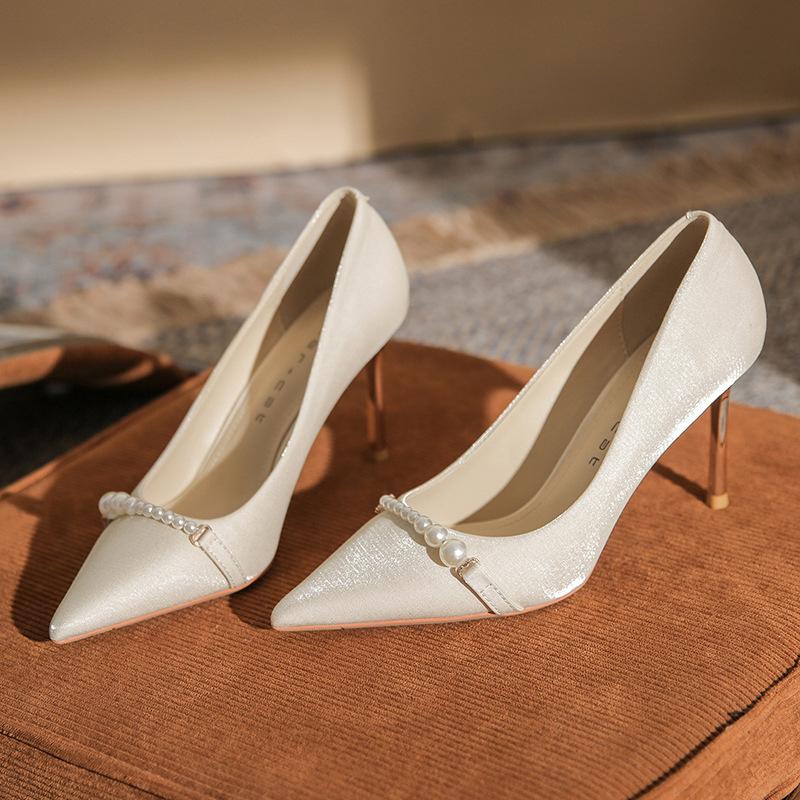 83113 high-heeled wedding shoes women's 2025 new pointed bridal shoes French pearl bridesmaid shoes stiletto shoes