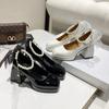 Spring and autumn new fairy style pearl chain thick heel simple square head large size high heels female Mary Jane shoes female
