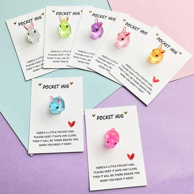 7Pcs Bunny Pocket Hug Card Positive Keepsake Card with Cute Resin Mini Bunny Emotional Support Card Gift for Friends Easter Basket