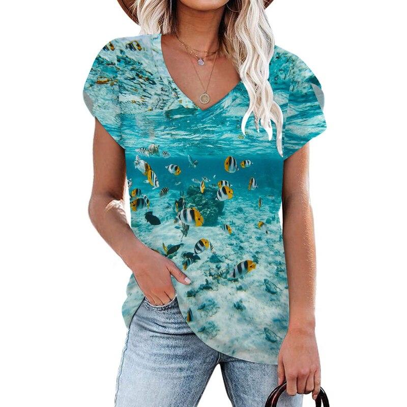 Camicette 2023 Estate Manica Corta T-Shirt da Spiaggia Moda Donna Streetwear Stampa T-shirt Girocollo T-shirt Ampia Abbigliamento Elegante 25702
