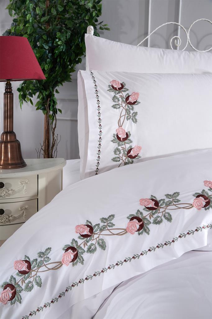 Anita Embroidery King Size Sada povlaků na peřinu 6 ks, Povlak na peřinu 200x220, Prostěradlo 240x260, Double Size, Krémová barva