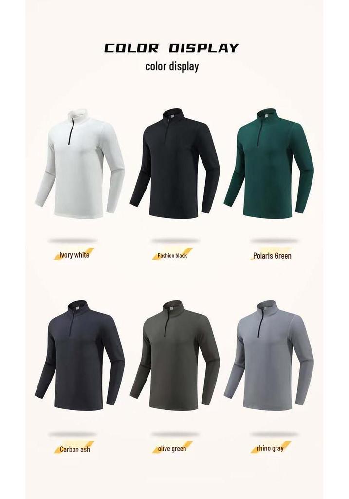 Men's Long Sleeve Half-Zip Sports Tee - Solid Color Stand Collar for Running and Fitness