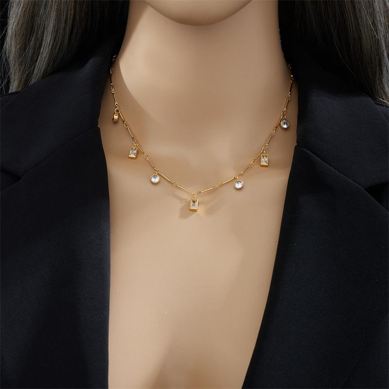 Luxury Gold-Tone Titanium Steel Necklace with Baguette-Cut Clear Crystals & Round Rhinestones – Elegant Dangle Chain Design