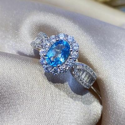 Online Celebrity Live Streaming New Product Simulation Sky Blue Topaz Full Diamond Simple Temperament Opening Ring Female Ring