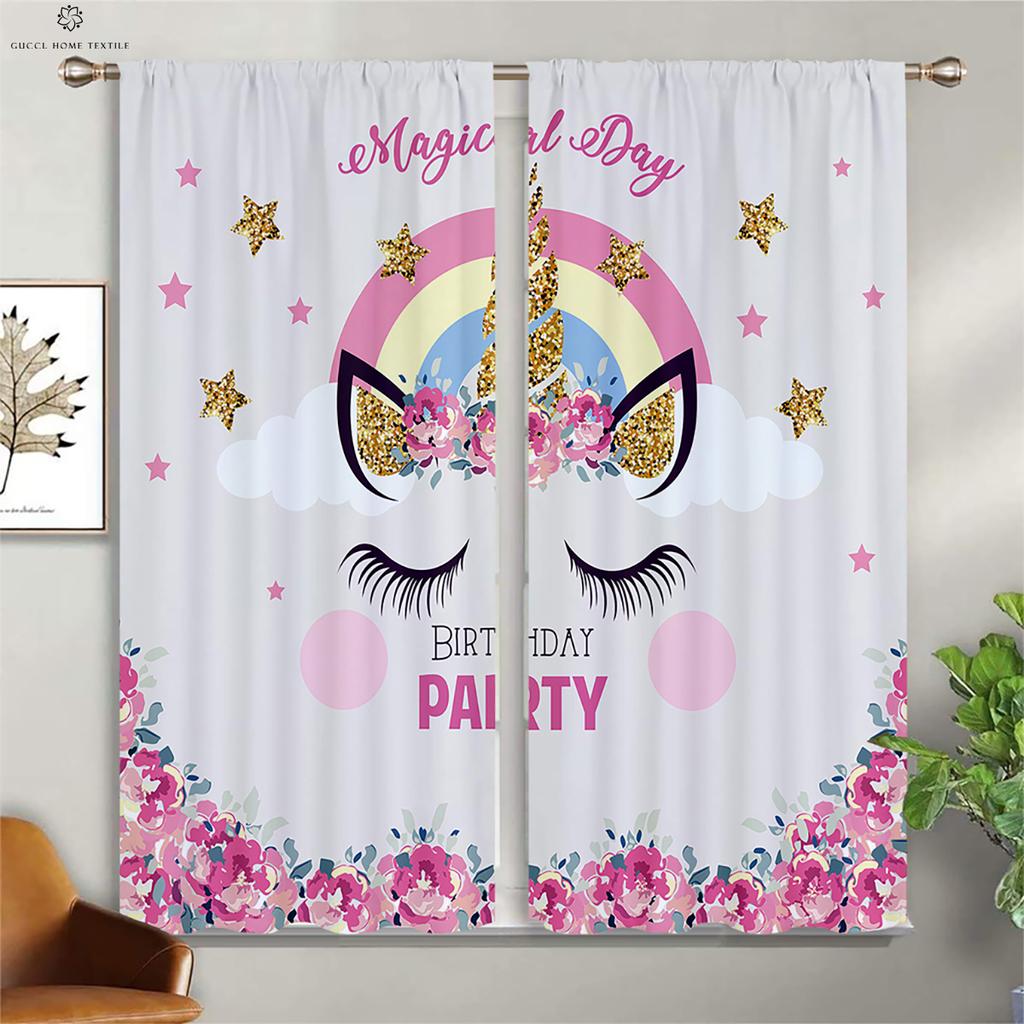 Animated Cartoon Unicorn Eyelash Curtains, Pink Floral Cute Pattern, Girl Room, Living Room, Study Window Decoration, 2Pcs