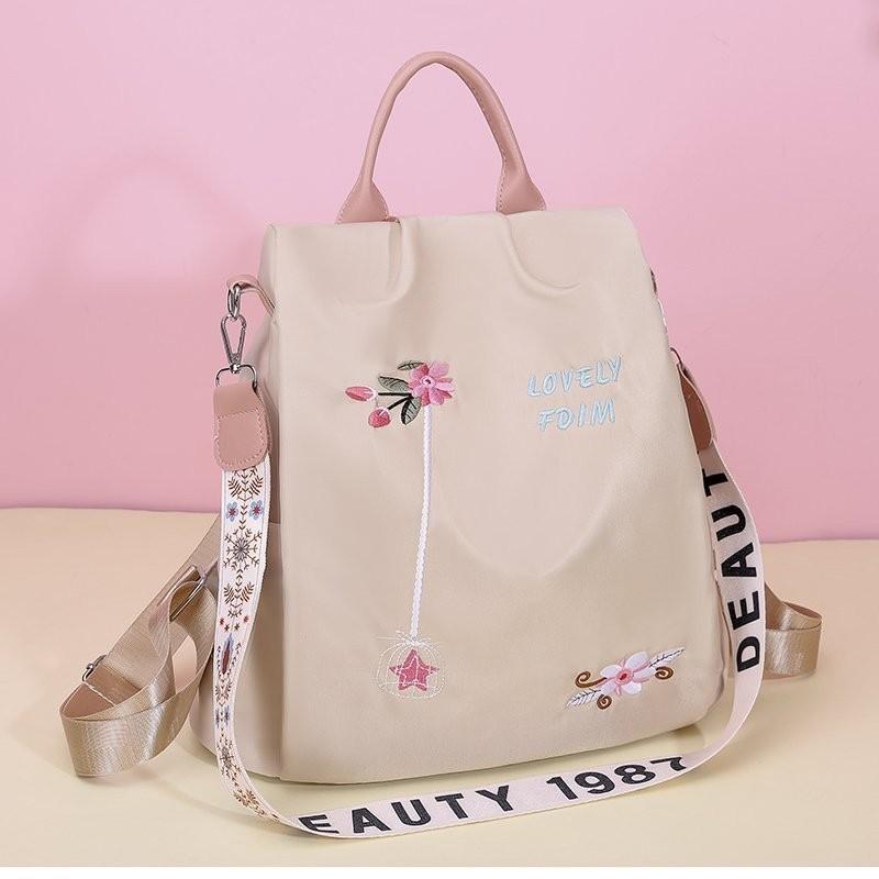 Floral Embroidered Double Backpack Large Capacity Women's Bag Oxford Fabric Blue Black Khaki