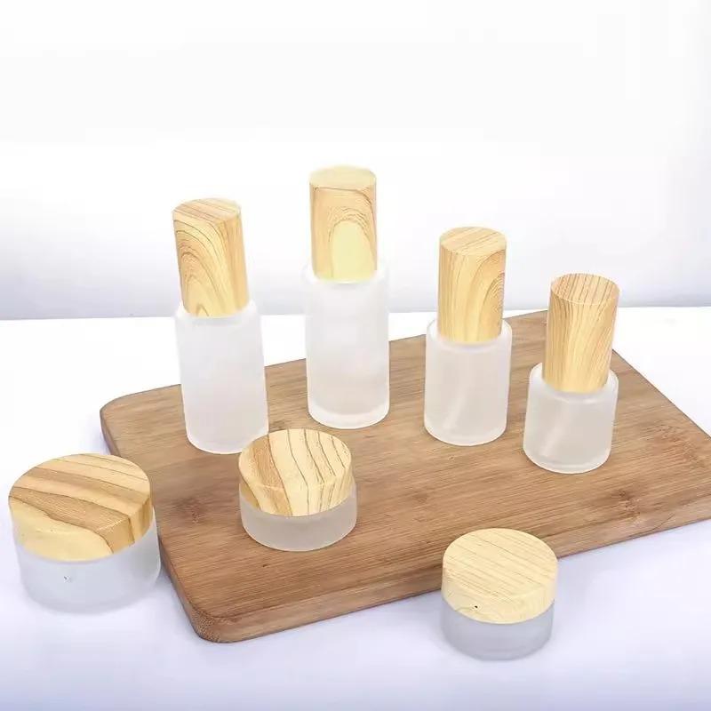 Wood Grain Frosted Glass Bottle with Pump Spray, Refillable Lotion Cosmetic Container for Travel Serum Essentials