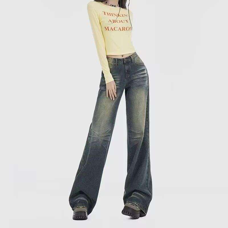 

Niche Retro Women s Vintage Wide-Leg Low-Rise Jeans - Autumn New Style Loose Slimming Straight-Leg Pants Small (S)