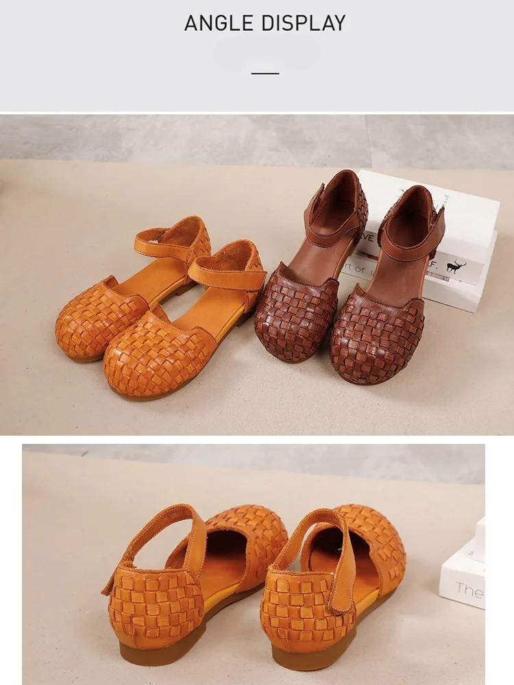 Johnature Women's Sandals Retro Versatile Round Toe Genuine Leather Woven Comfortable Flat Shoes