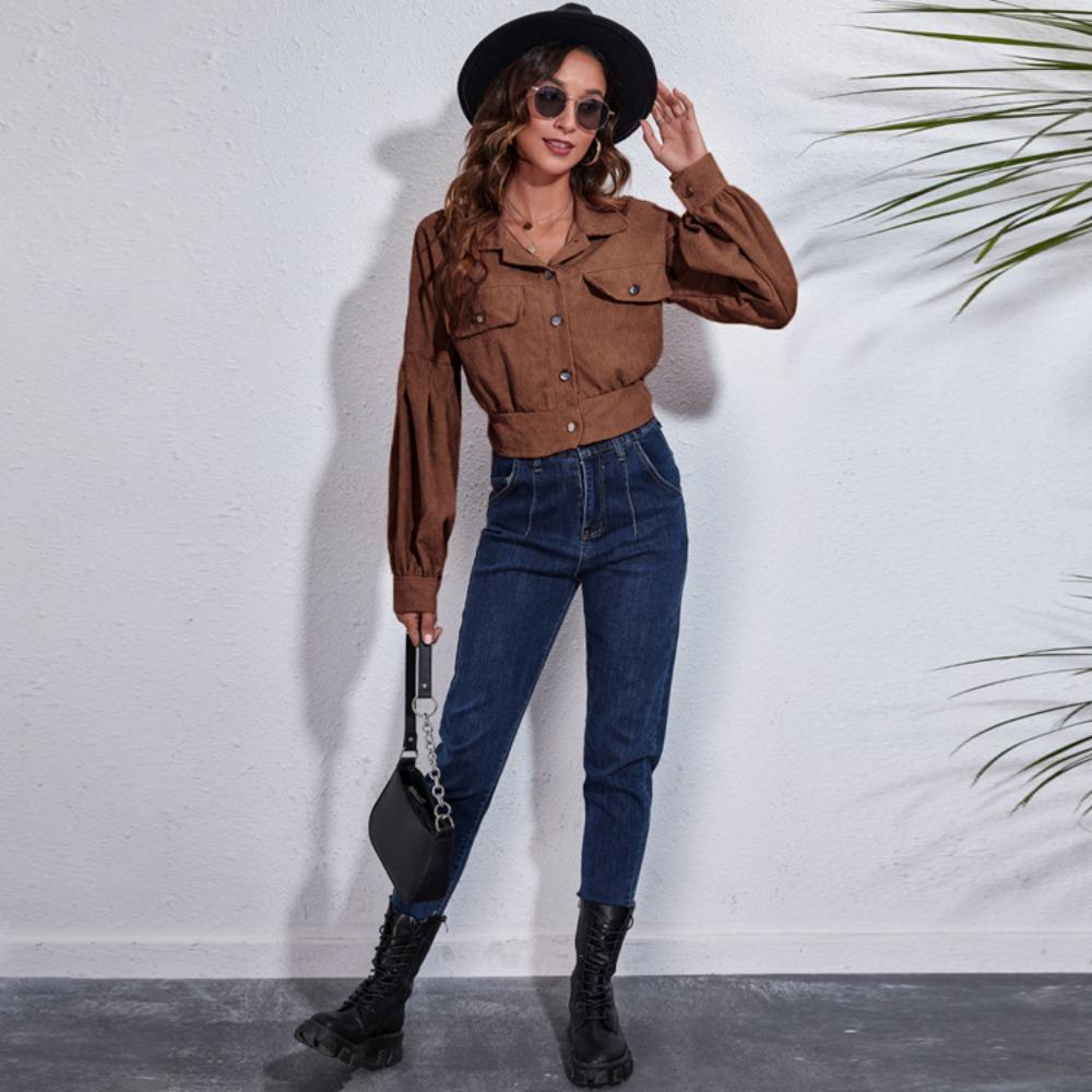 GMXIA Women's Vintage Casual Solid Color Print Autumn Winter Long Sleeve POLO Neck Jackets & Coats