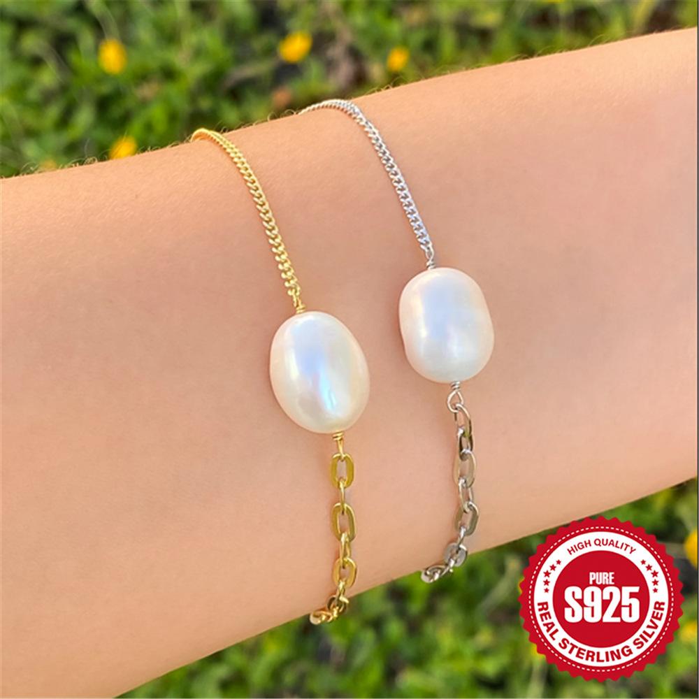 Simple Stylish S925 Sterling Silver Paper Clip Double Spell Irregular Baroque Special Shaped Pearl Bracelet Bracelet