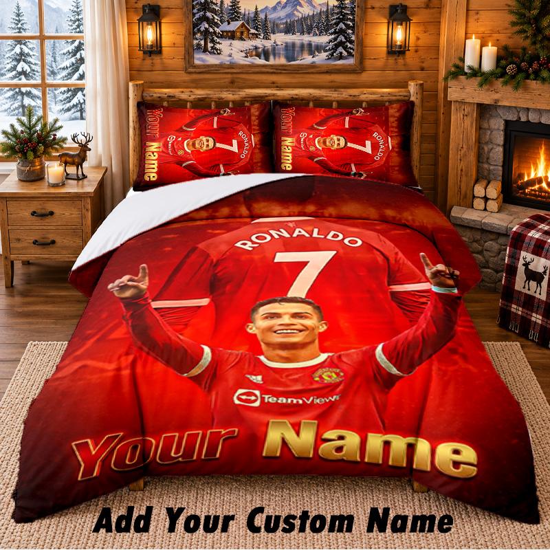 Cristiano Ronaldo Pattern Bedding 3Pcs Set Custom Name, Bed Sheet And Pillowcases For Home Bedroom