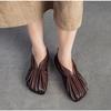 Johnature Retro Handmade Pleated Flats Genuine Leather Round Toe Soft Soled Lightweight Women's Slip-on Shoes