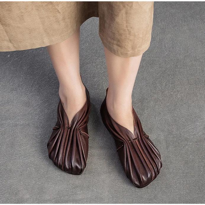 Johnature Retro Handmade Pleated Flats Genuine Leather Round Toe Soft Soled Lightweight Women's Slip-on Shoes