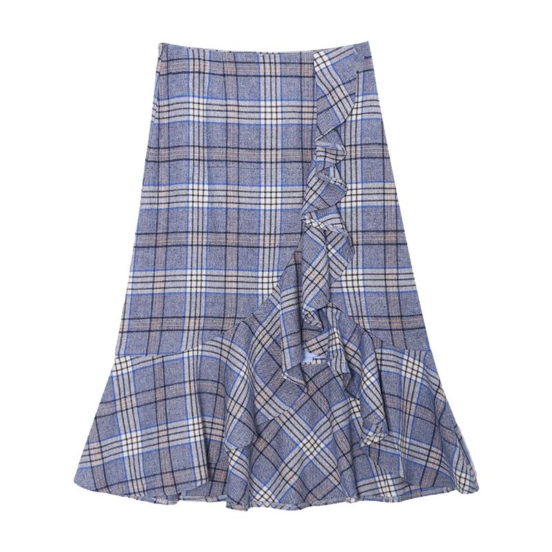 

European and American Single Sheep Woolen Skirt Ruffles Plaid Tartan Skirt High Waist Fishtail Dress Work Clothing Skirt Female Winter Demon Ji Blue L