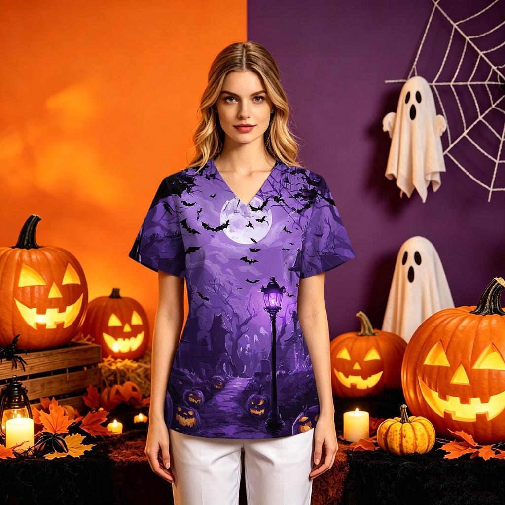 Women's Halloween Print Scrub Top V Neck Short Sleeve with Pockets Loose Fit