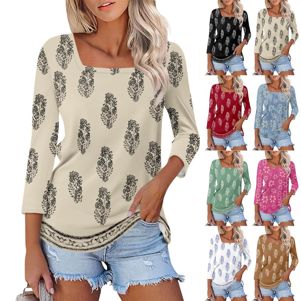 Women's 3/4 Sleeve Square Neck Floral Shirt Casual Loose Tunic Top