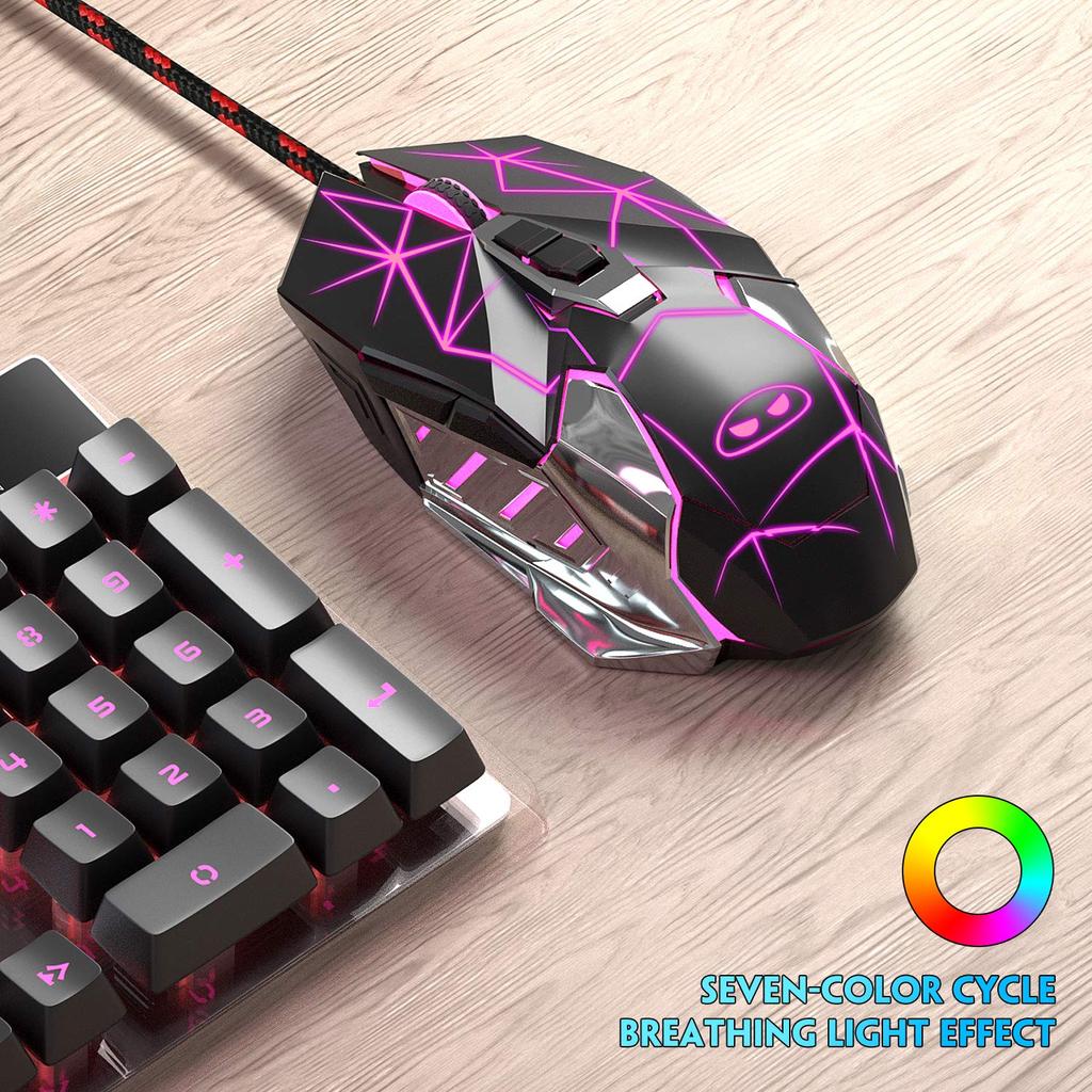 MageGee G10 Wired Gaming Breathing LED Adjustable Ergonomic Optical Computer Mouse with 7 Buttons for Windows PC Black Mouse, 7-Color Backlit, 6-Speed