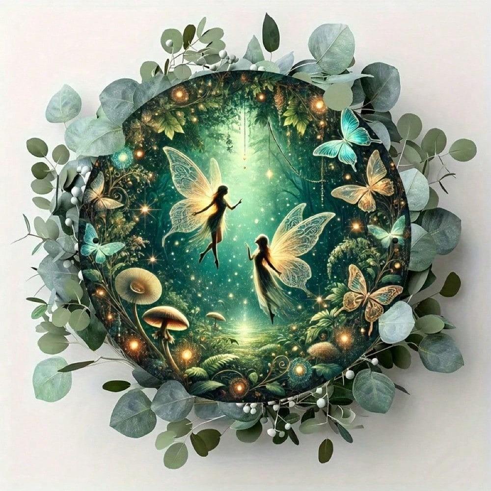 VANRISEN Vintage Fairy Forest Round Metal Tin Sign Fantasy Animal Plant Wall Art Kids Room Garden Porch Decor
