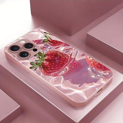 Delicious Strawberry Pattern Pink Metallic Paint Glass Phone Case For iPhone 17 Pro Max 16 Plus 15 14 13 12 11 16E 17Air Cover