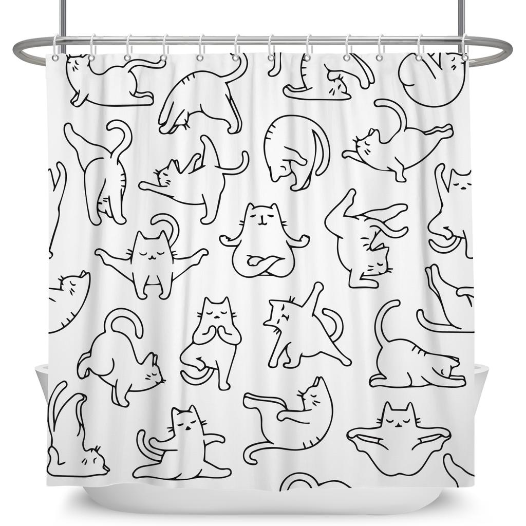 Minimalist Comics Shower Curtain Cute Cats Funny Cat Bath Scene Decor Waterproof Polyester Bathroom Curtain Set with 12 Hooks