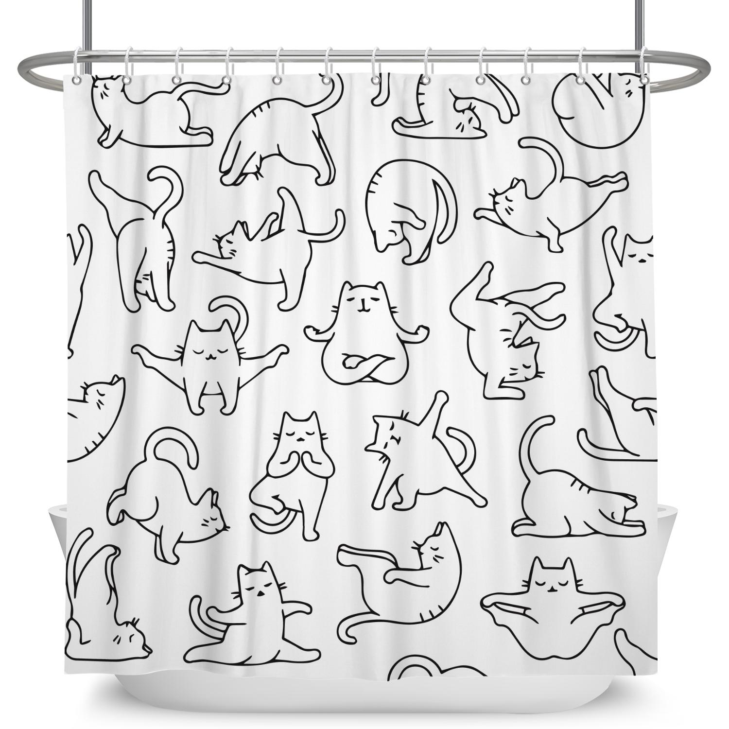 

Minimalist Comics Shower Curtain Cute Cats Funny Cat Bath Scene Decor Waterproof Polyester Bathroom Curtain Set With 12 Hooks W60H190(CM)-1 Pcs