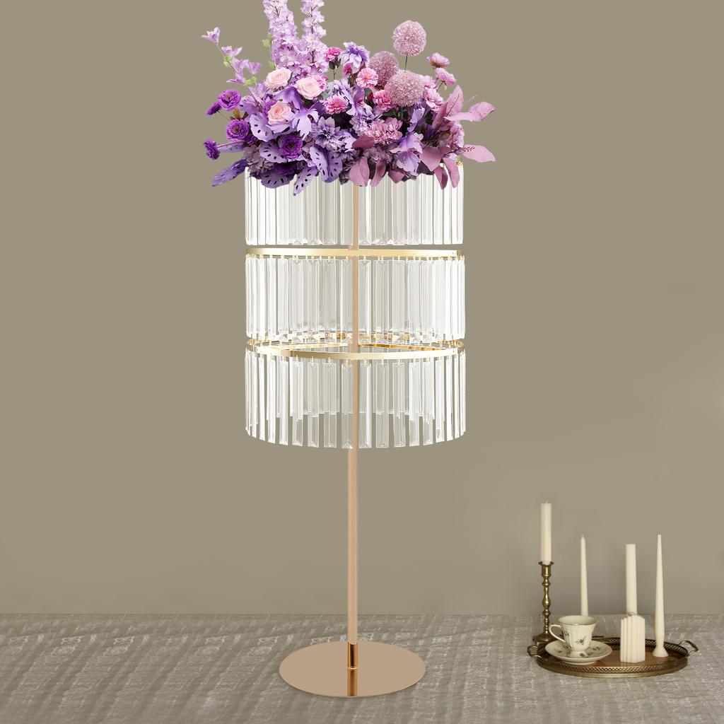 3-Tier Gold Wedding Flower Stand with Hanging Crystals, Elegant Wedding Party Centerpieces Flower Stand for Reception Table