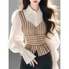 Soft Satin Striped Puffed Sleeveless Shirt For Spring Chic Womens Fashion
