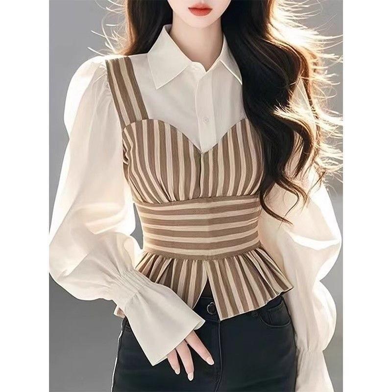 Soft Satin Striped Puffed Sleeveless Shirt For Spring Chic Womens Fashion