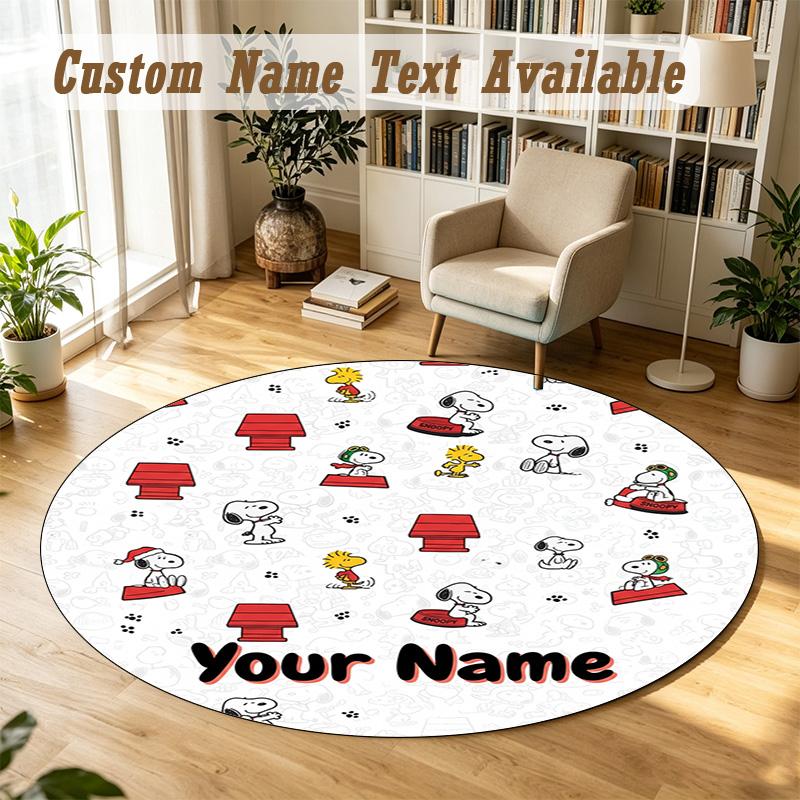Snoopy Peanuts Personalized Round Rug Support Custom Name, Soft Home Decor Mat
