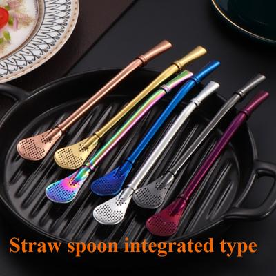 4PCS 304 Stainless Steel Straw Spoon Integrated Dual-use Juice Coffee Mixing Spoon Flower Tea Straw Tea Filter Spoon Reusable
